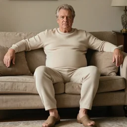 full body photo of older handsome lord richard. he is sitting gracefully on a sofa, he is wear elegant elastic. fitted for his awesome fluffy belly. oh he is a human by the way, wear's beige shirt, has firm skin and big bouncy belly