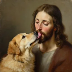A portrait painting of Jesus licking a dog's face