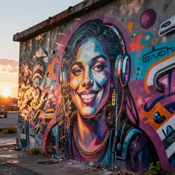 beautiful graffiti on a wall, cyberpunk, happy mood, futuristic, high detail, sunset, realistic