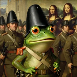 pepe the frog in ww 1 military parade, schirmmutzen, pickelhaube, painting by sandro botticelli and leonardo da vinci, uncropped