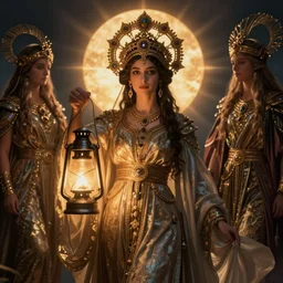 queen of the new dawn with her lantern, by Annie Swynnerton and Nicholas Roerich and jean delville, dramatic cinematic lighting , ornate headdress , flowing robes, lost civilizations, extremely detailed