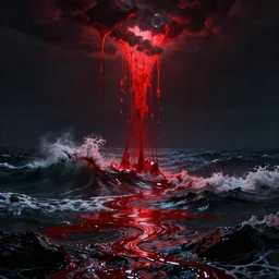 the ocean of blood, by Andreas Rocha + Ted Nasmith, dark, cinematic lighting, masterpiece, highly detailed, 8k resolution, trending on art station