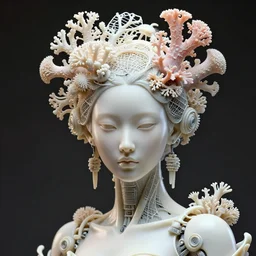 hyper detailed ultra sharp portrait of a beautiful fashionable porcelain ivory cyberpunk mechanoid, well contoured smooth fair skin, up close shot, sharp focus, global illumination, radiant light, haute couture corals headdress made of corals, wire mesh, brackets, mushrooms, puffballs, rhizomorphs, alexandre ferra, irakli nadar, octane highly render, 4 k, ultra hd,