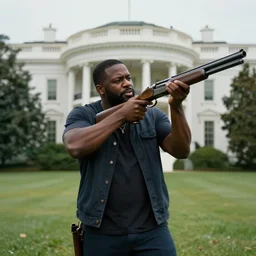 black major with shotgun singing in white house, ue 5, ue 6, unreal engine 5, cinematic 4 k wallpaper, 8 k, ultra detailed, by popular digital artist, beautiful image, resolution, artstation