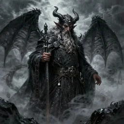 old male warlock, demon, dark fantasy, fog, clouds, rain, wind, intricate, highly detailed, artstation, illustration, jurgens, rutkowski, bouguereau