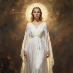 goddess, Evan Rachel Wood, pale, holy, gorgeous, full body white dress, symmetrical face, high fantasy, concept art, warm lighting, painting