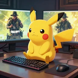 pikachu sitting on a computer and playing call of duty