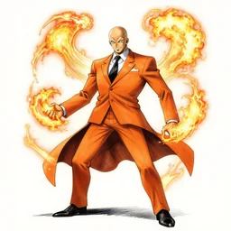 anthromorphic orange dressed in a suit unleashing his powers. drawn by shigenori soejima, concept art