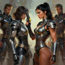 face face model face female bodybuilder kendall jenner wearing metal gear armor holding gun dramatic lighting art by brandon anschutz by yoji shinkawa by richard schmid by greg rutkowski by sandra chevrier by jeremy lipking cinematic dramatic brush strokes background