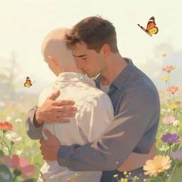 a man hugs a balded man, flowers, butterflies, serene, divine, magical, artstation