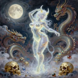 concept art of translucent glowing curvy demon dancing booty, flowy, melting, round moons, rich clouds, very detailed, volumetric light, mist, fine art, textured oil over canvas, dragons, epic fantasy art, very colorful, ornate intricate scales, gold skulls, fractal gems, snow, 8 k, hyper realistic, high contrast, yuji moriguchi