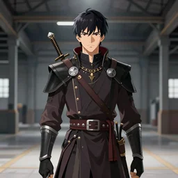 Digital state-sponsored anime art of Ezio Auditore by A-1 studios, serious expression, empty warehouse background, highly detailed, spotlight