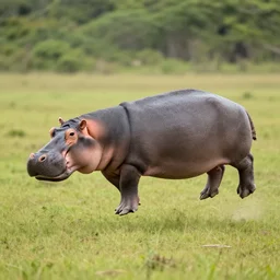 a hippopotamus flying over a field, award winning photography