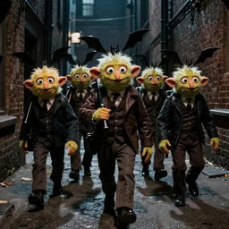 A gang of muppets carrying bats in a dark alley, from the film A Clockwork Orange