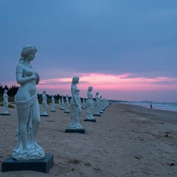 a long beach scattered with dozens of towering statues of ceramic women with pink light on the horizon, highly detailed, 8 k, blue