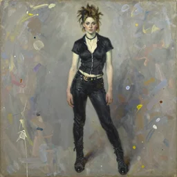 impressionist brushstrokes spatter drips!!!! solomon joseph solomon and richard schmid and jeremy lipking victorian loose genre loose painting full length portrait painting of a young beautiful woman punk rocker