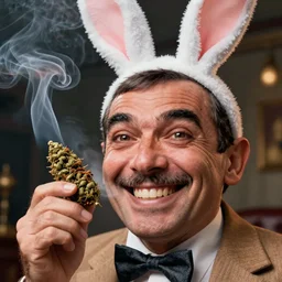 hyper realistic, close up portrait of a mega derpy mr. bean!!, big chungus!!, with bunny ears, smoking massive amounts of weed, big smile, buck teeth, by greg rutkowski, scott m fischer, artgerm, loish, slight glow, atmospheric, anne stokes, alexandros pyromallis, 4 k, 8 k