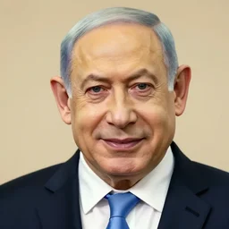 a portrait of the terminator smiling as benjamin netanyahu, positive colors, warm