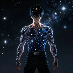 one punch man Garou made of stars, art by Yusuke Murata,centre composition, cinematic, trending on artstation, low level, 4K UHD image,