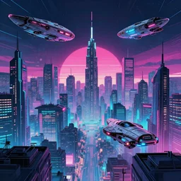 a cyberpunk city, spaceships, vaporwave, synthwave, cyberpunk