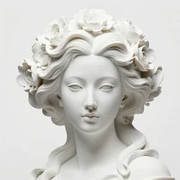 full head and shoulders, beautiful female porcelain sculpture by daniel arsham and james jean, smooth, all white features on a white background, delicate facial features, white eyes, white lashes, detailed white, lots of 3 d giant twisting flower hair