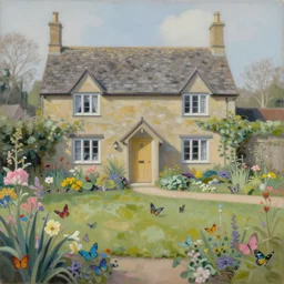 a gorgeous, fantastic, english country cottage garden by michael kidd, escher, victo ngai, ( thomas kincade ), butterflies, trending on artstation, artgerm, acrylic on canvas, muted colors, pastel