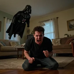 Sad guy screaming as drake invades his home, while darth vader is flying