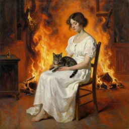 oil painting of a woman in a white dress sitting on chair with a cat on her lap in a burning room in vanice