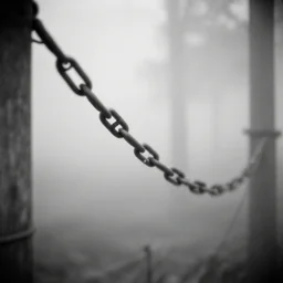 chains on trees, misty, pale light, pinhole camera effect, lomography effect, analogue photo quality, monochrome, blur, unfocus