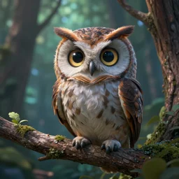 owl magic forest, cute friendly crazy owl with beauty eyes sitting on a tree branch, in the style of craola, shallow depth of field, highly detailed, digital painting, trending artstation, concept art, illustration, cinematic lighting, vibrant colors, photorealism, epic, octane render