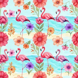 beach flowers and flamingos and ocean water motifs, illustration, vector art, detailed, repeating, seamless, tileable, colors are pantone 2 7 6 c on raspberry on orange on electric purple on red, rebecca alred, melissa sixma, ingrid johnson, paige spearin, avantika subramanian, deepak yadav, abbey holden, erin stein