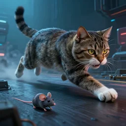 🐱 a big cat chases down × a mouse 🐭! by mark ryden in cyberpunk environment, 4 k ultra high resolution, horror, long camera shot