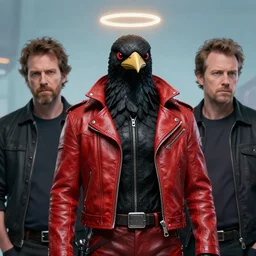 red gunpla droid kenku. anthropomorphic black bird head. torso. halo reach. leather jacket, science fiction, portrait by donato giancola and greg rutkowski and wayne barlow. top all time r / imaginarycyberpunk.