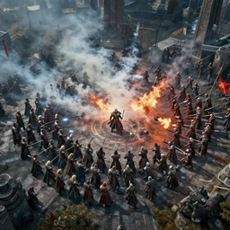 cinematic, bird eye view of ragnarok battle in valhalla, smoke atmosphere, kodachromatic, octane render, hdr