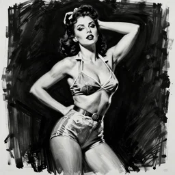 painting of the figure of a pin up girl posing, high contrast, poster, clothes in the fashion of 6 0's, concept art, black and white, dramatic lighting, digital art, 8 k, drawn by arnold armitage
