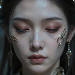 ultra realistic beautiful cyborg deity eyes closed, fantasy, intricate details, movie still, highly detailed, photorealistic, octane render, eerie, 8k, art by raphael and michael welan