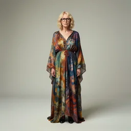 wide angle full body portrait shot todd solondz blond older woman wearing flowing colourful clothes, glasses, introvert geek, shy, clear todd solondz female face, highly detailed face, detailed eyes, alphonse mucha, rhads, rebecca guay, artstation, artgerm, octane render, 1 6 k