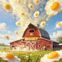 epic professional digital art of an intense amount of fried eggs raining on a Kansas barn at midday, best on artstation, cgsociety, wlop, Behance, pixiv, astonishing, impressive, outstanding, epic, cinematic, stunning, gorgeous, concept artwork, much detail, much wow, masterpiece.