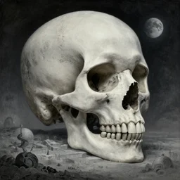a surreal and awe - inspiring science fiction landscape, moon in the sky looks like a skull, intricate, elegant, highly detailed matte painting by beksinski and simon stalenhag
