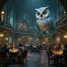 a cyberpunk hogwarts dining hall, with a giant robot owl, by paul lehr, jesper ejsing