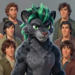 a beautiful painting of a handsome anthropomorph dark gray panther fursona. green and black human hair on the head. disney character design by cory loftis, fenghua zhong, ryohei hase, ismail inceoglu and ruan jia. artstation, volumetric light, detailed, photorealistic, rendered in octane