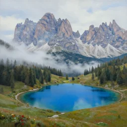 painting of dolomites landscape with a blue lake, mist, a detailed matte painting by christophe vacher, matte painting, ultra detailed, matte drawing