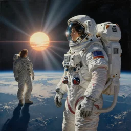 painting, the embodiment of fragility, light beams, above earth, cinematic lighting, outer space, eva suit, looking at sunrise, extremely detailed, sharp focus, by jordan grimmer and artgerm and greg rutkowski and alphonse mucha and maya takamura and bouguereau, [ [ [ wlop ] ] ], intricate, beautiful, trending on artstation, pi