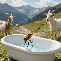 dragonfly in a bathtub in the alps, goats!!!!! in background