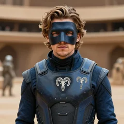 medium face shot of adult Austin Butler with exposed head ((((mask)))), dressed in black-prussian blue futuristic-tudoresque clothing with embroidered-Ram-emblem, and nanocarbon-vest, in an arena in Dune 2021, XF IQ4, f/1.4, ISO 200, 1/160s, 8K