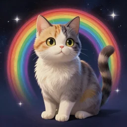 rainbow cosmic cat, desktop background, path traced, highly detailed, high quality, digital painting, by studio ghibli, lise deharme, alexander jansson, paul lehr, tim white, hans zatzka, george stubbs, louis wain, alphonse mucha