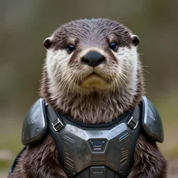 portrait of an anthropomorphic otter with a bored face and futuristic armor
