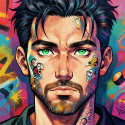 beautiful anime of bold head with stubble beard and green eyes, by sherree valentine daines, peter mohrbacher, alice neel, donato giancola, mike winkelmann, laurie greasley. trending on artstation, 8 k, masterpiece, graffiti, fine detail, full of color, intricate detail, golden ratio illustration, face detail