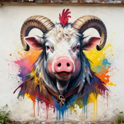 maximalist splatter paint of a anthropomorphic druid with cow ears pig nose chicken feathers sheep horns on a mural wall