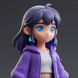portrait of a anime girl with purple jacket design by antonio mello, character modeling, toy design, substance 3 d painter, blender, mental ray, zbrush, soft vinyl, bio luminescent, maximalist sculpted design portrait, studio photo, 7 0 mm lens, trending in artstation